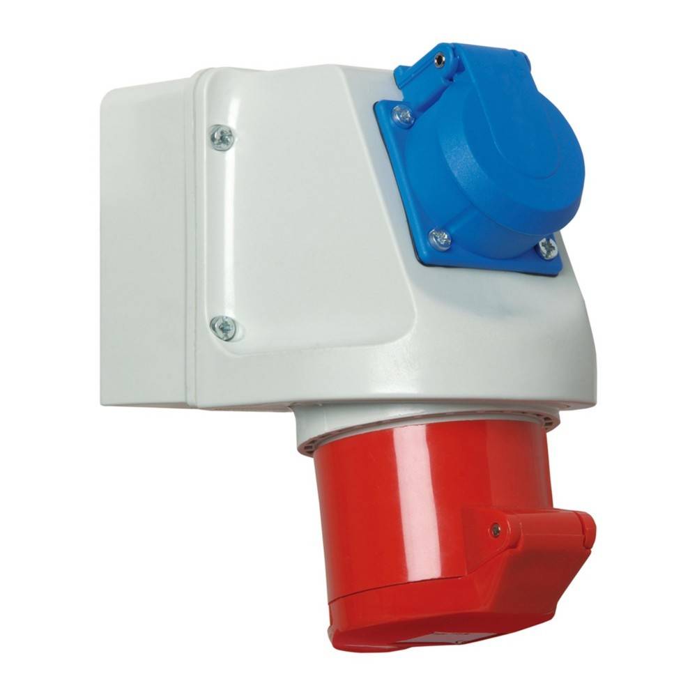 Eine rote und weiße industrielle Steckdose mit blauer Abdeckung, montiert auf einer Metallplatte.