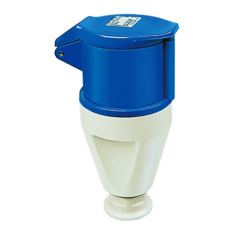 Ein blau-weißer industrieller Stecker mit einem zylindrischen Kopf, der zum Anschluss elektrischer Geräte verwendet wird, üblicherweise in kommerziellen oder industriellen Umgebungen.