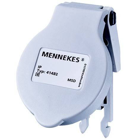 Weißer MENNEKES-Industrie-Elektrostecker mit Schutzkappe und Scharnierverriegelung, gekennzeichnet mit „Typ: 41482