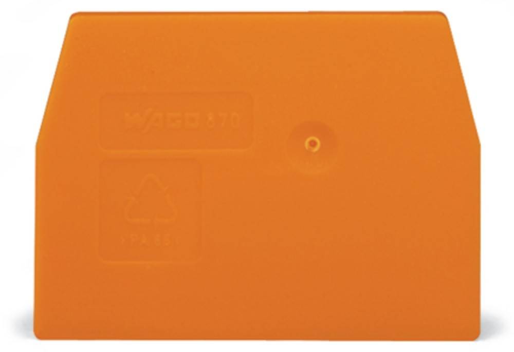 Eine orangefarbene Kunststoffoberfläche mit einer kleinen kreisförmigen Vertiefung. Text lautet 'WAGO 870' und hat ein Recycling-Symbol mit 'PA6.6' darunter.