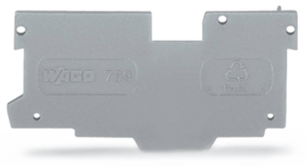 Ein grauer Plastikgegenstand mit geprägtem Text und Symbolen, möglicherweise ein Halter für elektronische Komponenten oder ein Verbindungsstück.