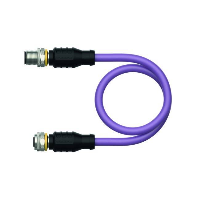 Lila aufgewickeltes Kabel mit Metallsteckern an beiden Enden, vor weißem Hintergrund dargestellt.