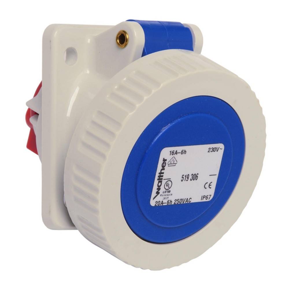 Blaue Elektro-Steckdose, 16A-6h, 230V, wasserdicht, IP67-Schutzart, mit Schraubbefestigung für Wandmontage.