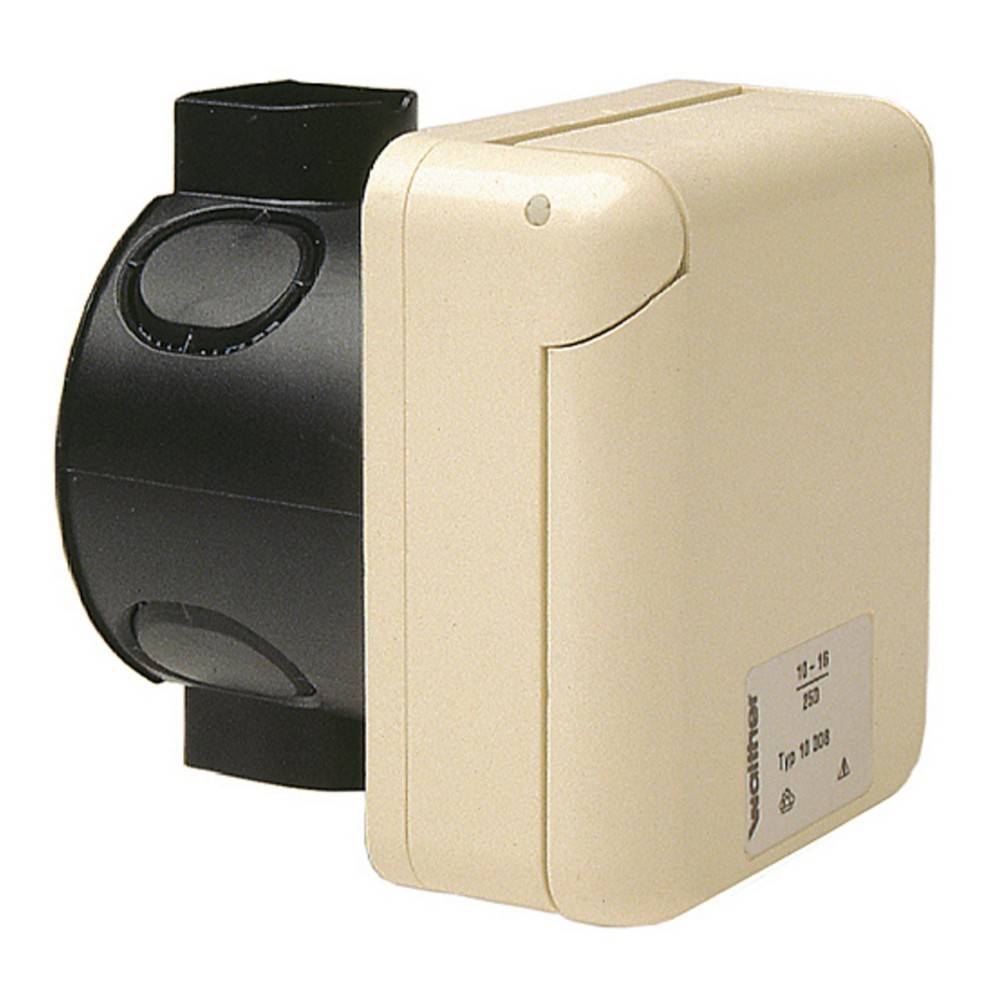 Industrielle schwarze und beige Komponente, höchstwahrscheinlich ein Motor- oder Pumpenteil, mit einem rechteckigen beigen Gehäuse und einem runden schwarzen Anbauteil.