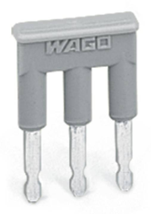 Ein grauer, dreipoliger elektronischer Stecker, beschriftet mit 'WAGO', der für elektrische Verbindungen in Schaltkreisen verwendet wird.
