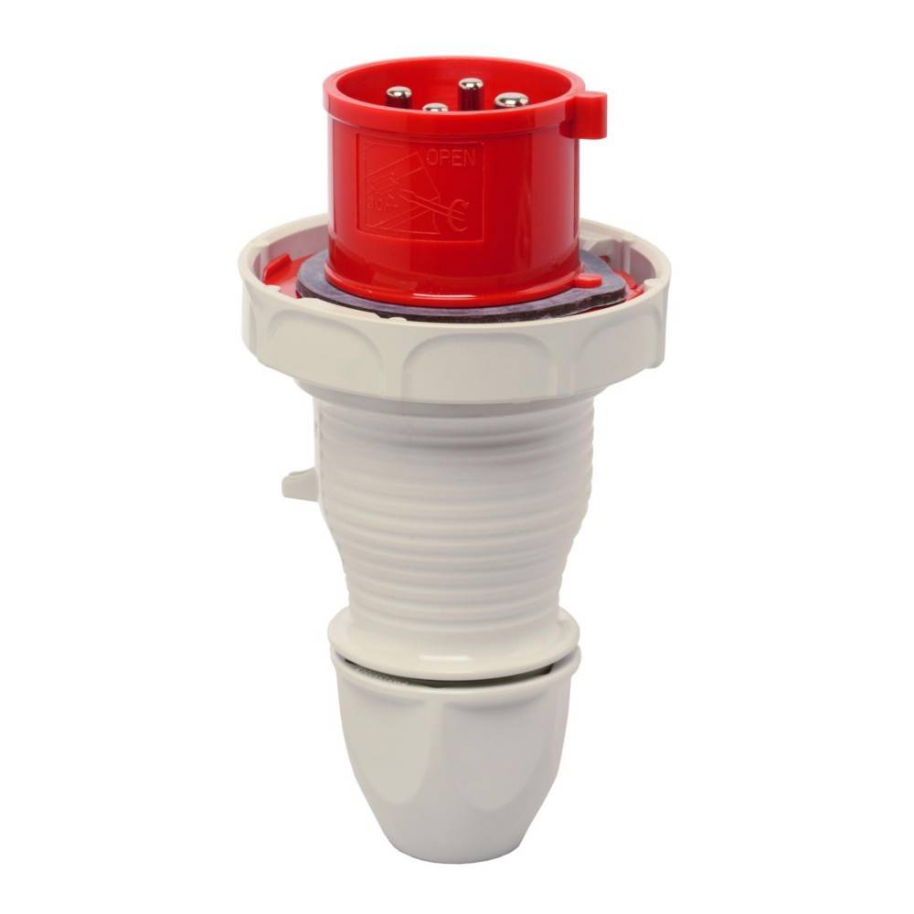 Roter und weißer industrieller Elektrostecker mit mehreren Kontakten, der zur Verbindung schwerer Maschinen mit Stromquellen verwendet wird.