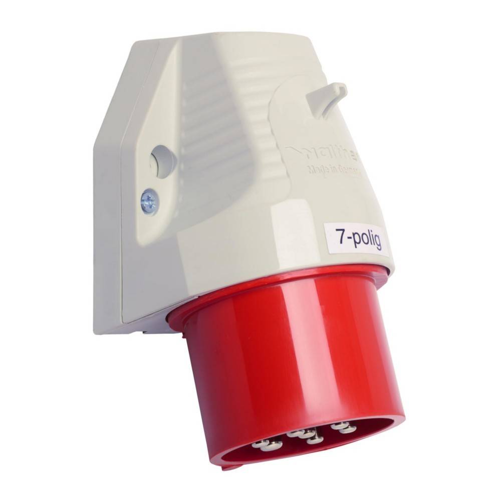 Ein rot-weißer 7-poliger elektrischer Steckadapter mit sichtbaren Pins, verwendet für industrielle Stromverbindungen.