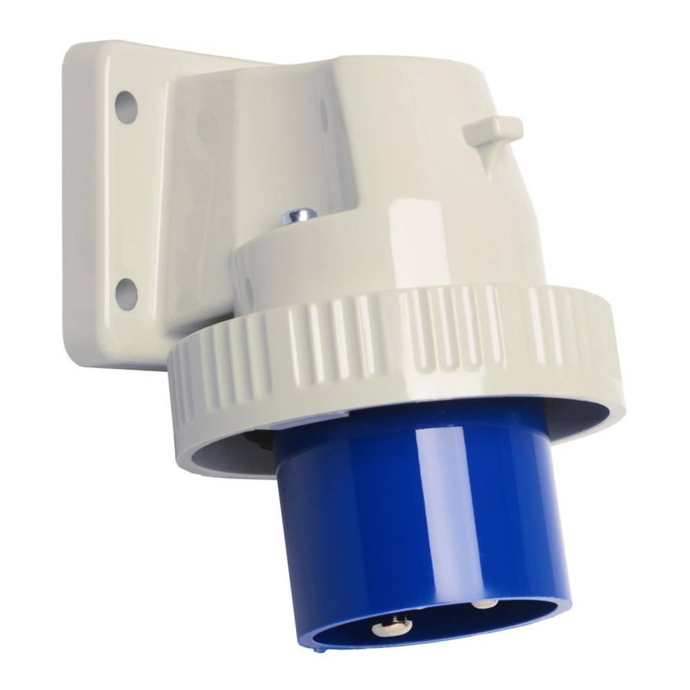 Eine blaue und weiße elektrische Wandsteckdose für industrielle Zwecke, geeignet für robuste elektrische Anschlüsse in gewerblichen Umgebungen.