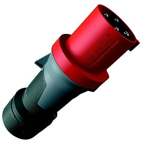 Roter industrieller Elektrostecker mit vier Stiften, gezeigt auf weißem Hintergrund.