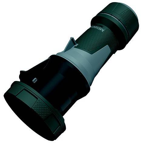 Eine schwarze und dunkelgrüne tragbare Taschenlampe oder Laterne, diagonal auf weißem Hintergrund gezeigt.
