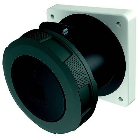 Schwarzer an der Wand montierter Industrie-Ventilator oder Lüftungsgerät mit kreisförmigem Gitter und quadratischer Befestigungsplatte auf weißem Hintergrund