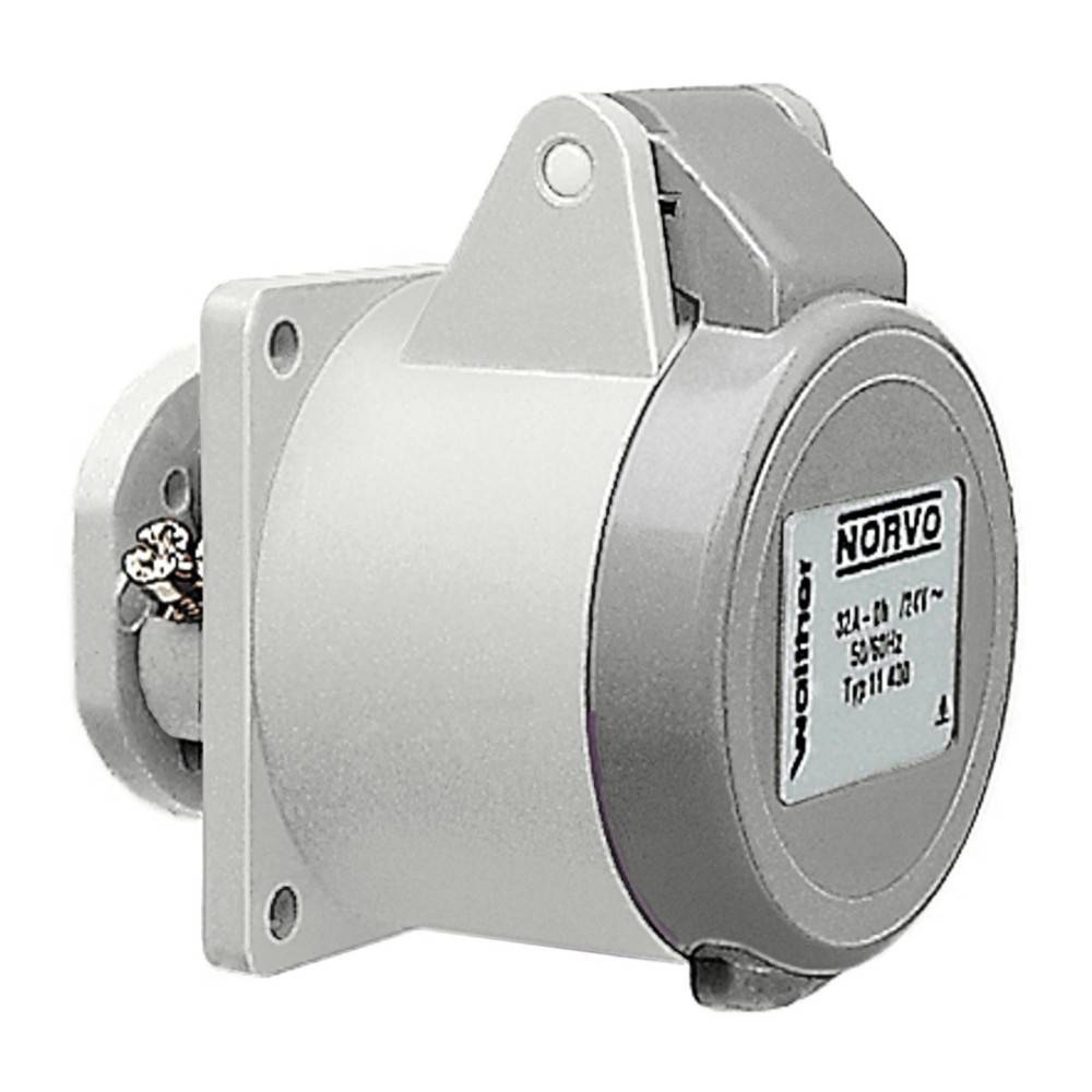 Eine graue industrielle Stromsteckdose mit der Bezeichnung 'NORVO', ausgelegt für Hochspannungsverbindungen mit zwei Befestigungsschrauben, geeignet für anspruchsvolle Umgebungen.