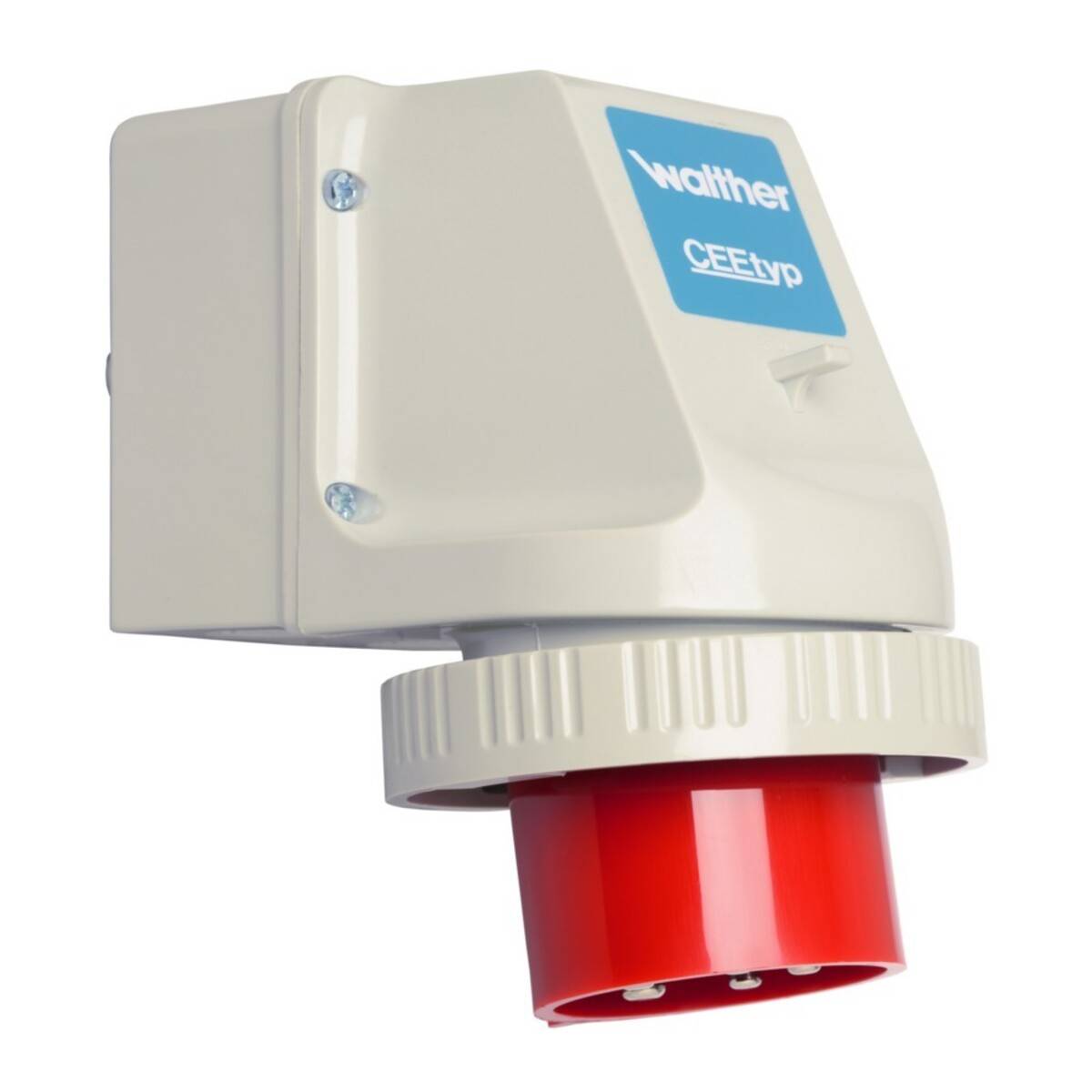 Eine weiße und rote elektrische Steckdose mit der Beschriftung 