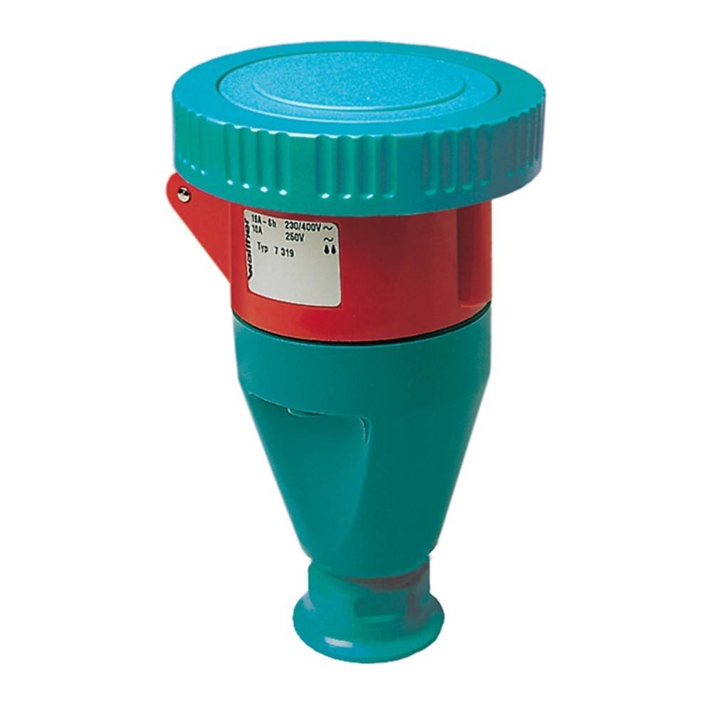 Industriestecker, roter zylindrischer Körper mit einer türkisfarbenen Kappe und Basis, ausgelegt für Hochspannungsanwendungen, gekennzeichnet mit technischen Spezifikationen.