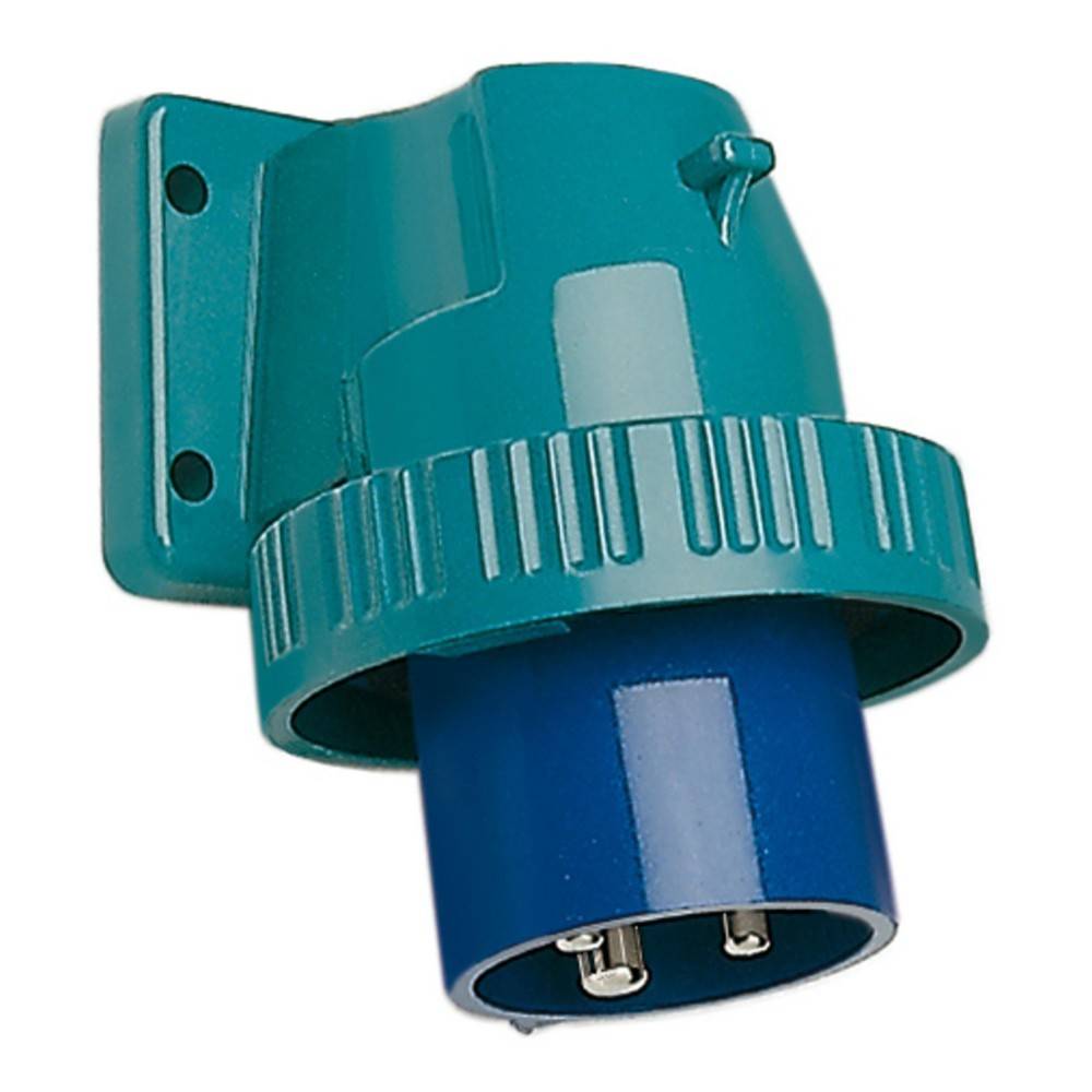 Ein blauer industrieller Elektrostecker mit türkisfarbener Gehäuse und drei Metallstiften, verwendet für robuste Stromverbindungen.