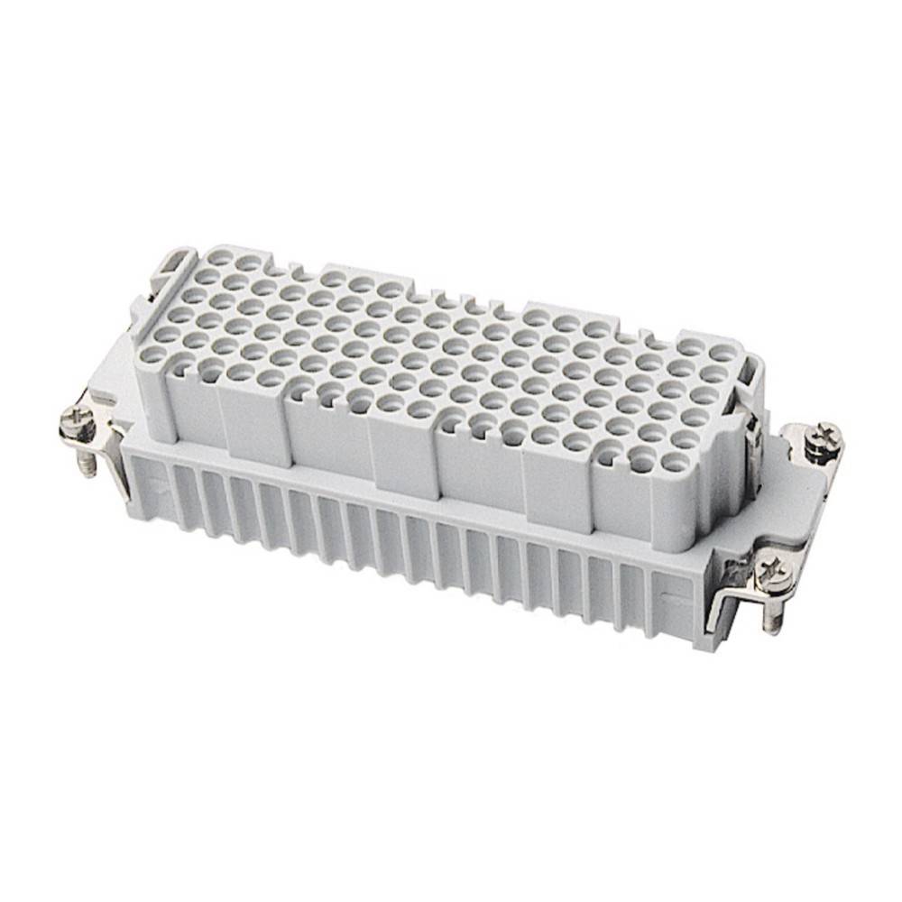 Ein weißer rechteckiger elektrischer Anschluss mit mehreren Löchern für Stifte und Metallbefestigungen an den Seiten, der für hochdichte Verdrahtungsverbindungen verwendet wird.