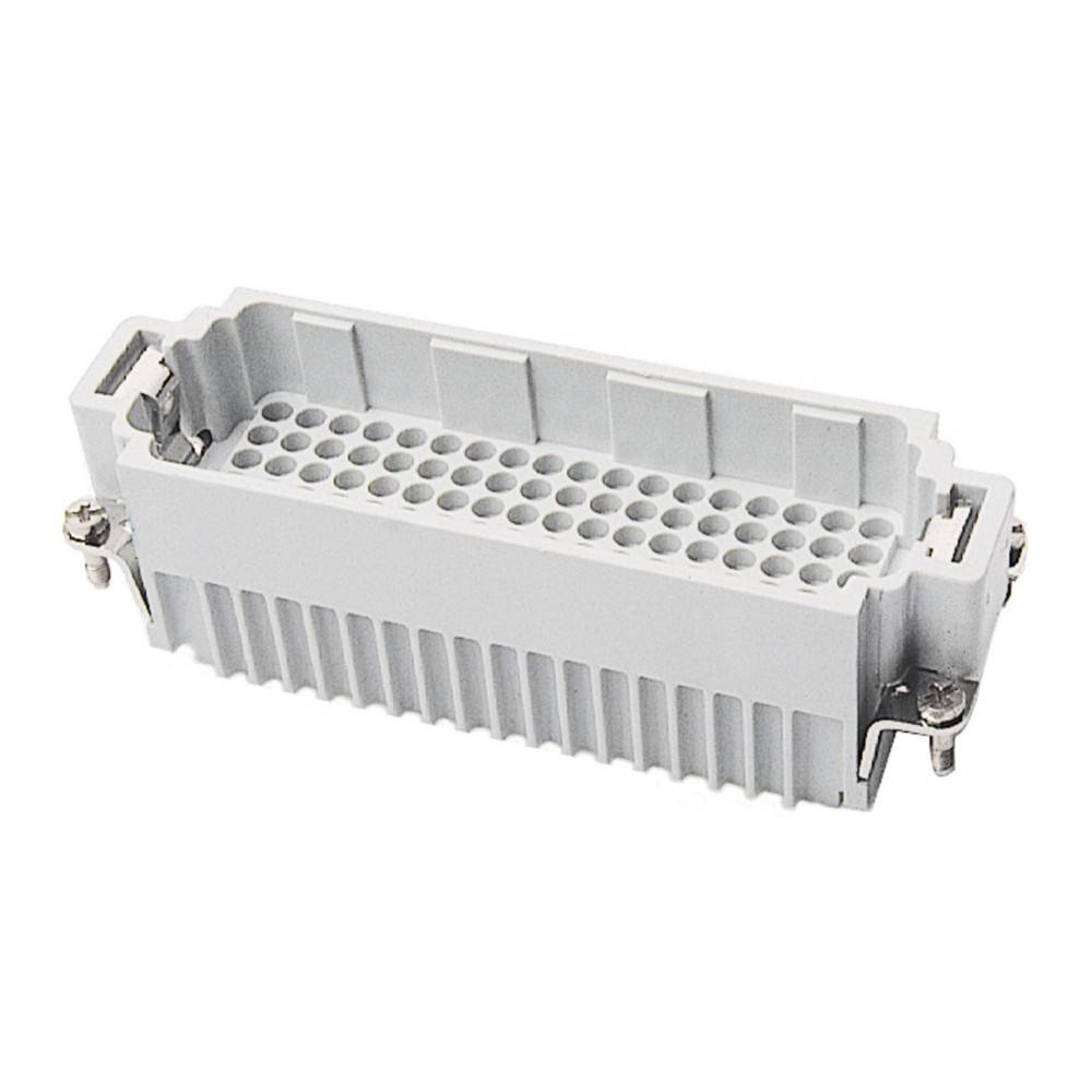 Ein rechteckiger grauer elektrischer Anschluss mit mehreren kreisförmigen Anschlüssen in Reihen, flankiert von Metallarmaturen für eine sichere Befestigung.