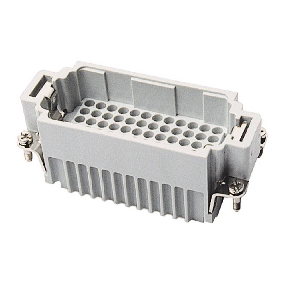 Ein rechteckiger, grauer elektrischer Steckverbinder mit mehreren kreisförmigen Lochöffnungen, der Befestigungsschrauben an den Seiten aufweist.