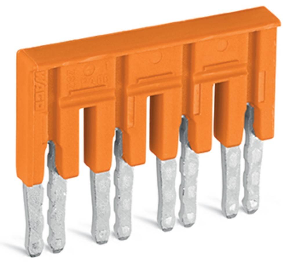 Ein orangefarbener elektrischer Terminalblock-Verbinder mit fünf Metallstiften für sichere elektrische Verbindungen.