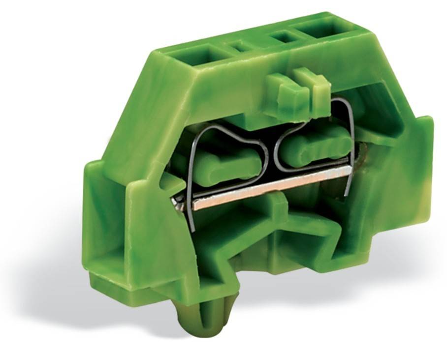Ein grüner Klemmenblock mit Metallverbindern, konzipiert für elektrische Verkabelung, der Öffnungen zur Drahteinführung und Verbindungspunkte aufweist.