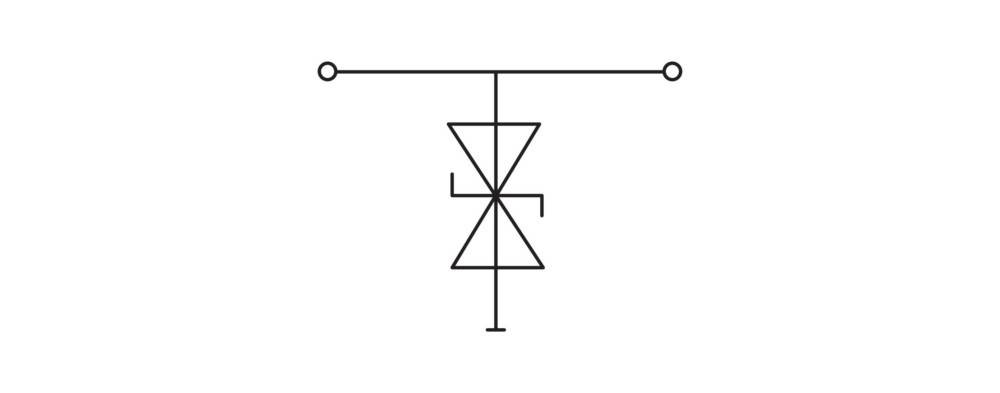 Ein geometrisches Symbol mit symmetrischen Dreiecken und Linien, die ein komplexes Design bilden, verbunden durch eine horizontale Linie mit Kreisen an jedem Ende.