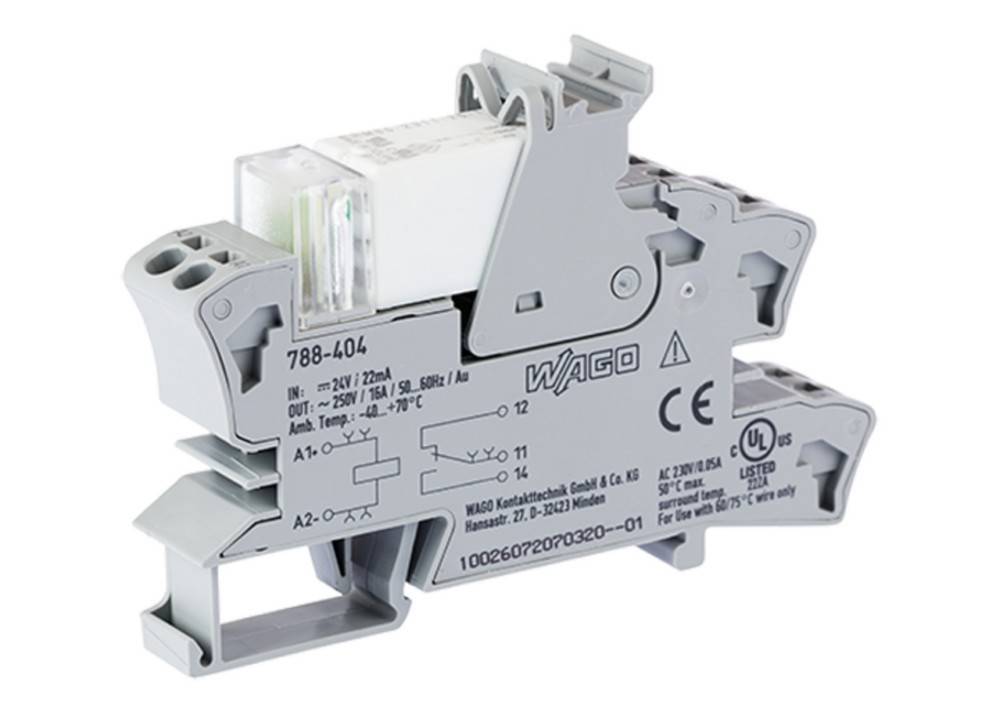 Grauer industrieller elektrischer Modulkomponent mit Beschriftung: '788-404', 'WAGO'. Ausgestattet mit Relais- und Sockellayout und Ein-/Ausgangsspezifikationen.