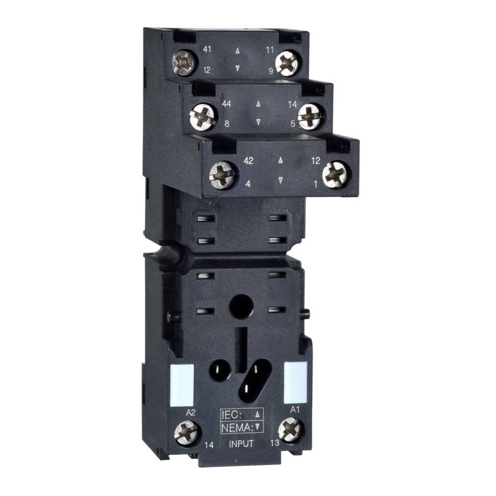 Schwarzes elektrisches Relais mit Schraubklemmen, beschrifteten Schlitzen und Befestigungspunkten. Geeignet für den Einsatz zur Steuerung elektrischer Schaltkreise.