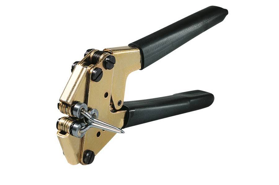 Tragbares Metallkabel-Abisolier-/Crimpwerkzeug mit schwarzen Griffen auf weißem Hintergrund.