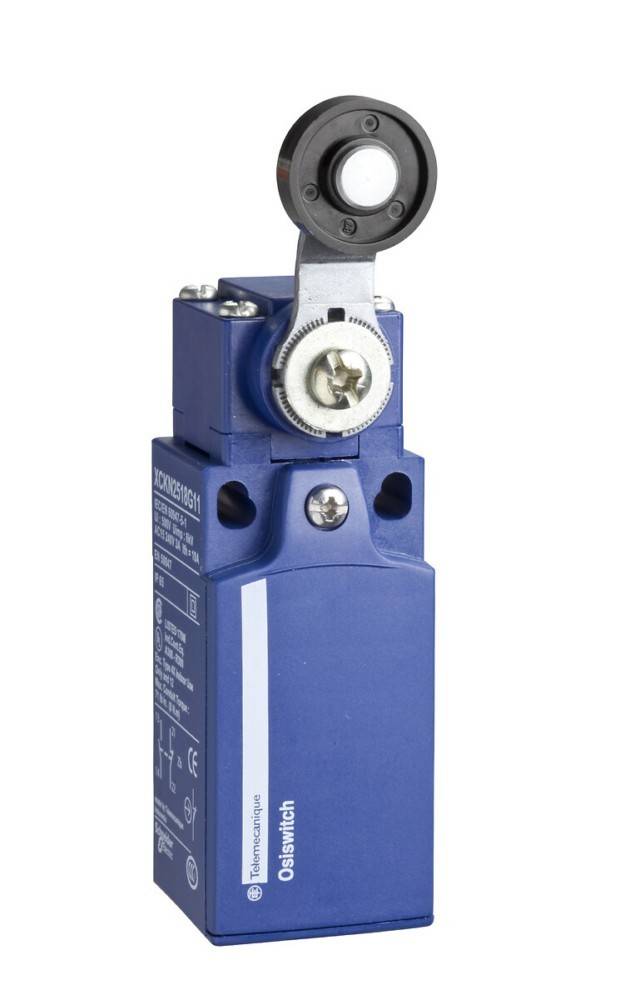 Ein blauer industrieller Endschalter mit einem Metallfühler und einem rotierenden Rad an der Oberseite, verwendet zur Positionserfassung in Maschinen.