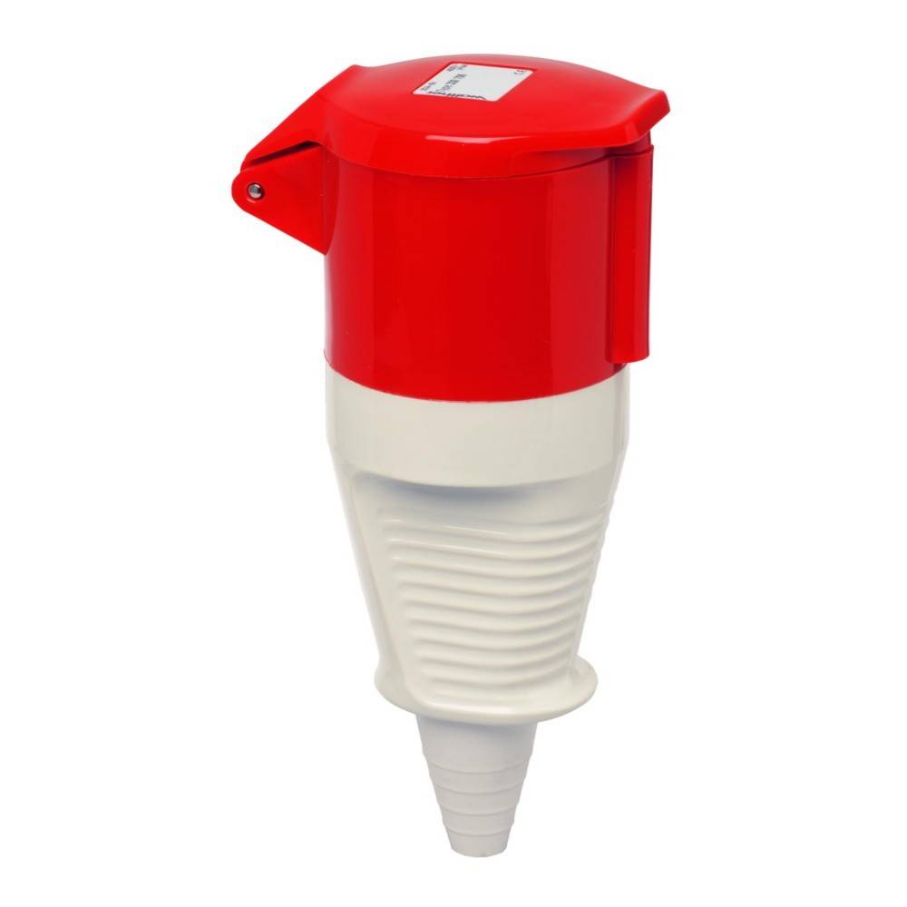 Ein roter und weißer industrieller Starkstromstecker mit gerippter Detaillierung, der zur Verbindung von schweren Maschinen mit einer Stromquelle verwendet wird.
