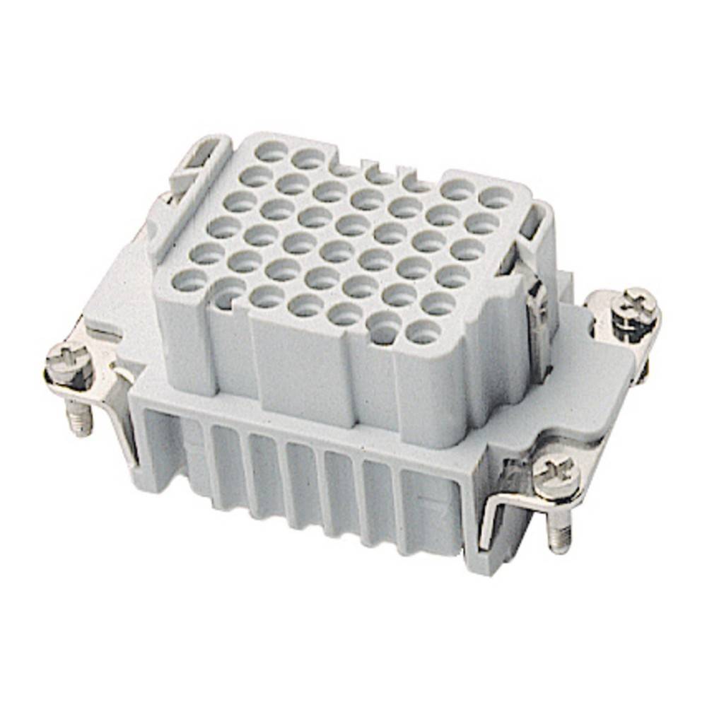 Ein weißer industrieller elektrischer Verbinder mit mehreren kreisförmigen Stiften und metallischen Befestigungsbügeln.