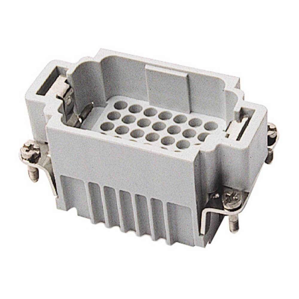 Ein rechteckiger industrieller Verbinder mit mehreren Löchern für Stifte, gesichert mit Metallklemmen an jeder Seite, konzipiert für elektrische Verbindungen.
