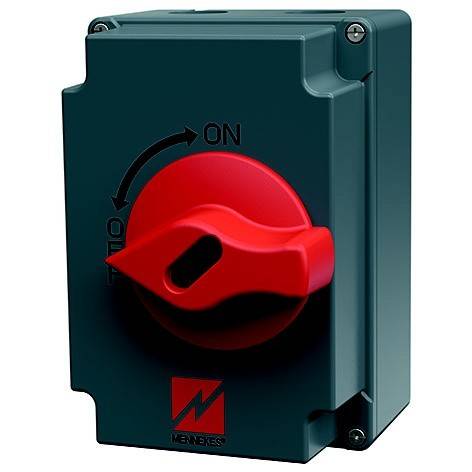 Ein roter Drehschalter an einer dunkelgrünen Schaltbox, mit den Beschriftungen 'EIN' und 'AUS'.