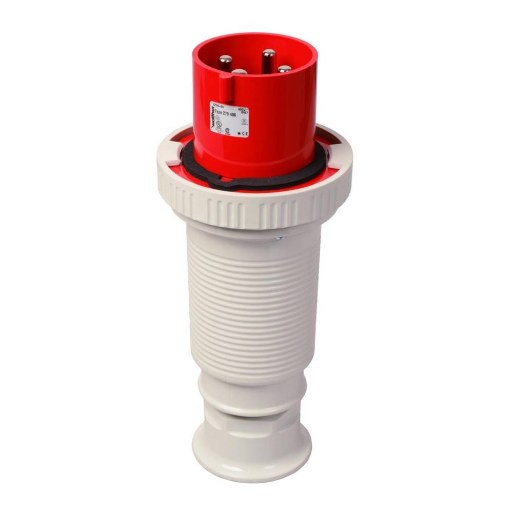 Ein roter und weißer industrieller Stecker mit Metallstiften, verwendet für robuste elektrische Verbindungen.