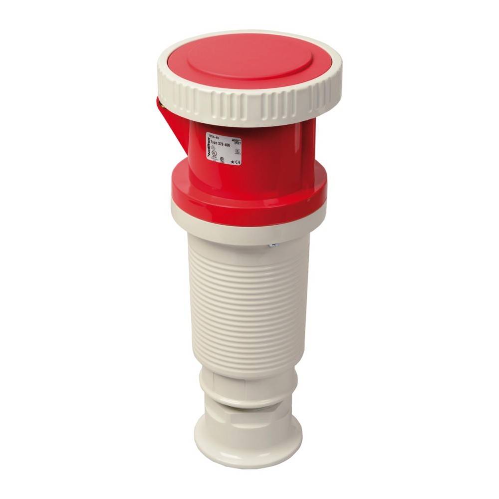 Ein roter und weißer elektrischer Stecker, wahrscheinlich für industrielle Zwecke, vor einem einfarbigen Hintergrund. Er hat eine gerippte Textur für besseren Halt.