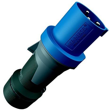 Blauer und schwarzer Industrie-Elektrostecker an weißem Hintergrund abgebildet.