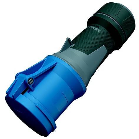 Blauschwarze industrielle Taschenlampe oder Fackel mit strukturiertem Griff, diagonal auf weißem Hintergrund dargestellt.