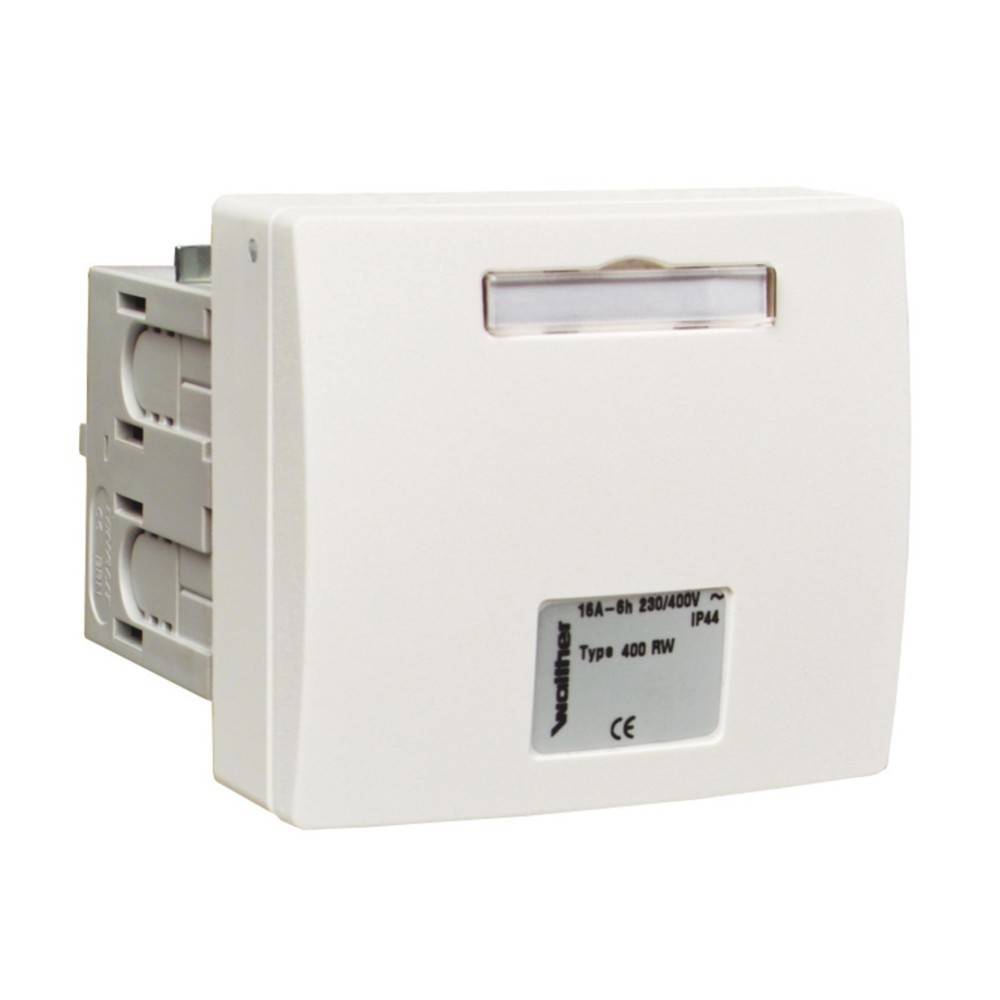 Ein weißer Lichtschalter mit Kontrolleuchte und der Beschriftung '16A 250/400V, Typ 400 RW, IP44, CE'.