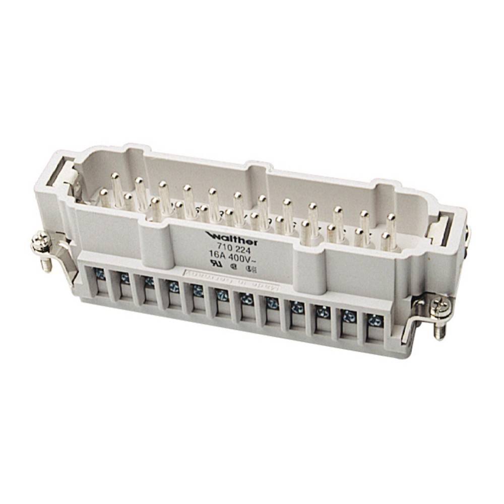 Rechteckiger elektrischer Steckverbinder mit mehreren Pins, gekennzeichnet mit 'Walther', bewertet mit '16A 400V'.
