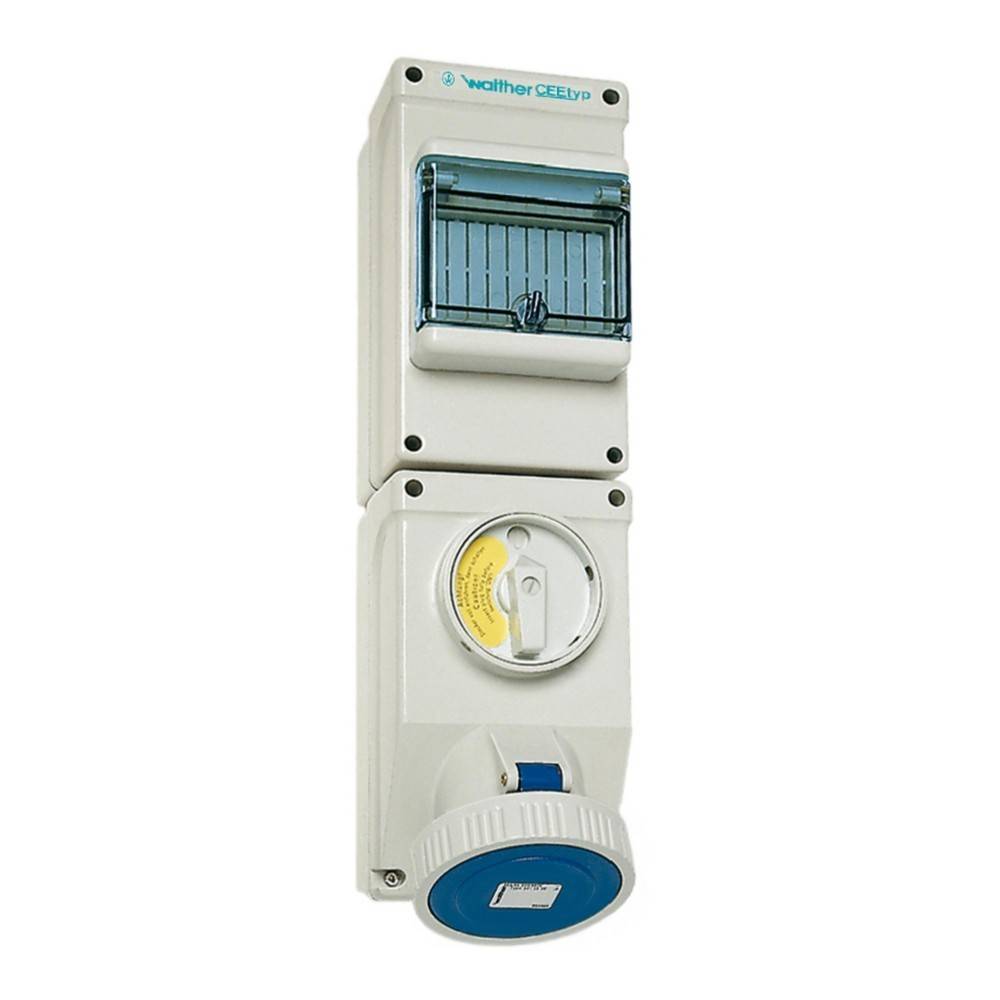 Wetterfeste elektrische Anschlussdose mit transparenter Abdeckung und blauem Rundstecker. Geeignet für Elektroverbindungen im Außenbereich.