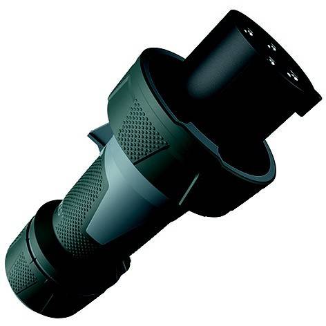3D-gerenderter schwarzer zylindrischer mechanischer Stecker oder Kuppler, diagonal auf weißem Hintergrund dargestellt.