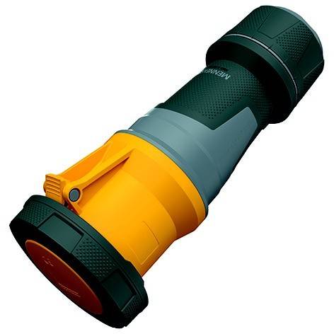 Eine tragbare Taschenlampe mit gelbem Gehäuse und schwarzen Enden, dargestellt auf weißem Hintergrund.