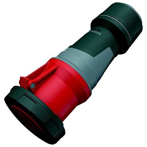 Rote industrielle Taschenlampe mit schwarzer Linse und Endkappe auf weißem Hintergrund.