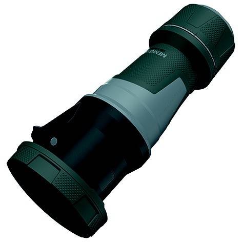 Schwarze und grüne tragbare Taschenlampe diagonal auf weißem Hintergrund gezeigt, mit gerilltem Griff und breiter Linsenöffnung.