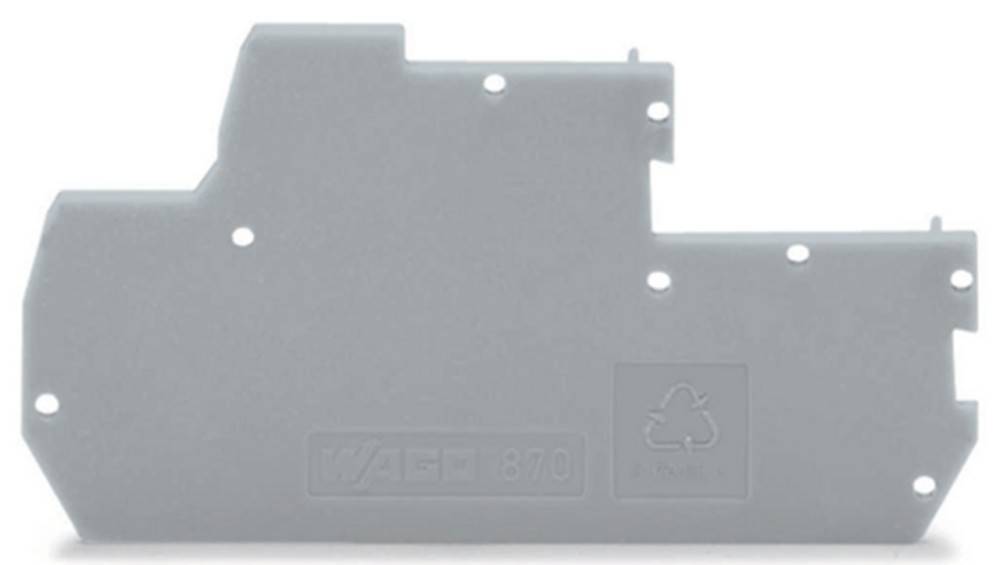 Eine graue Kunststoffkomponente, beschriftet mit 'WAGO 870', mit einem Recycling-Symbol und kleinen Löchern, möglicherweise für elektrische oder mechanische Verwendung.