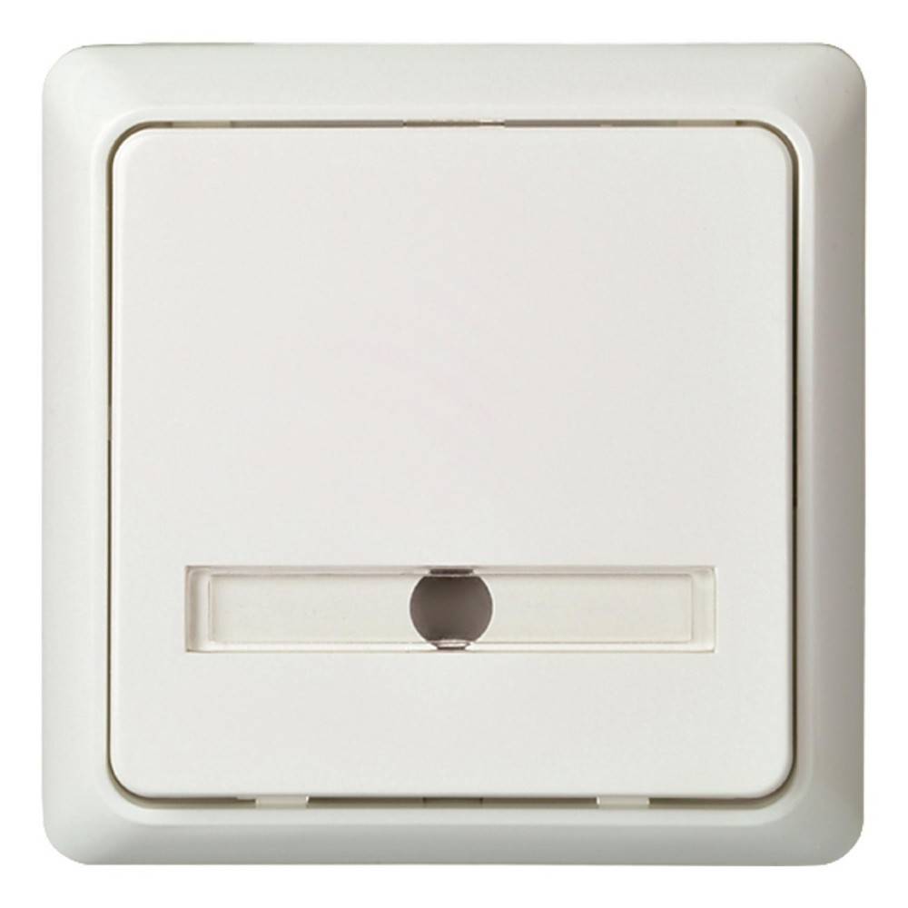 Ein weißer Wandlichtschalter mit einer leicht erhöhten quadratischen Oberfläche und einem zentralen Schlitz für einen Schlüssel, um das Licht ein- oder auszuschalten.