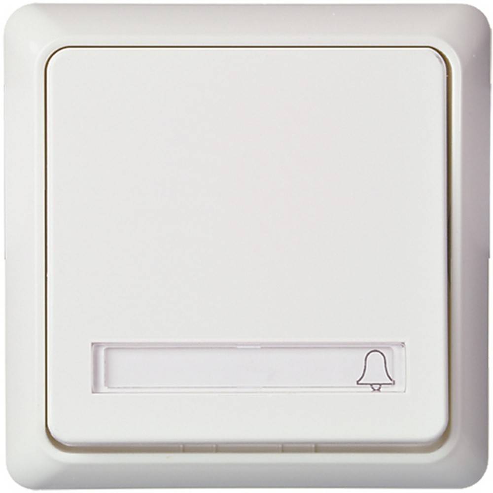 Ein weißer Türklingelschalter mit einem Glocken-Symbol in der unteren rechten Ecke, in einen quadratischen Rahmen eingesetzt.