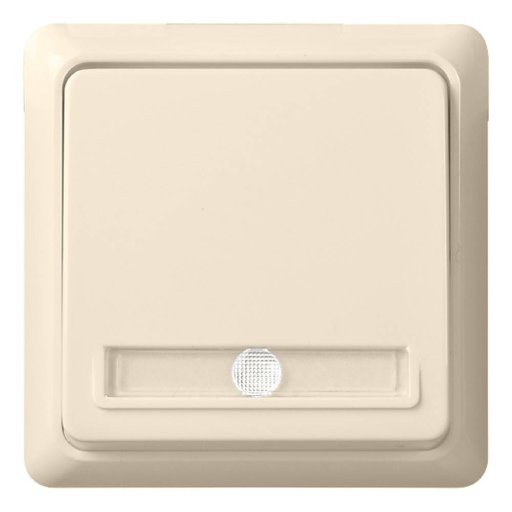 Ein beige Lichtschalter mit einer kleinen rechteckigen Kontrollleuchte am unteren Rand, der für den Einsatz in Haushalten konzipiert ist.