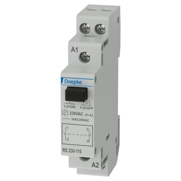 Doepke RS 230-110': Ein modulares Relais für die Montage auf DIN-Schienen. Ausgestattet mit einem Schalter mit den Einstellungen '1-2 EIN' und '1-2 AUS', ausgelegt für 230V/16A.