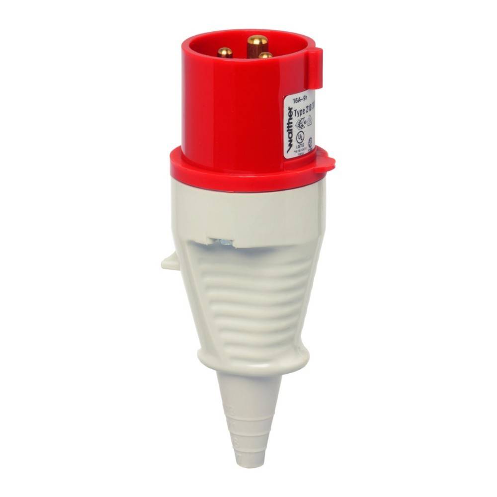 Roter und weißer industrieller Stromstecker mit Beschriftung.